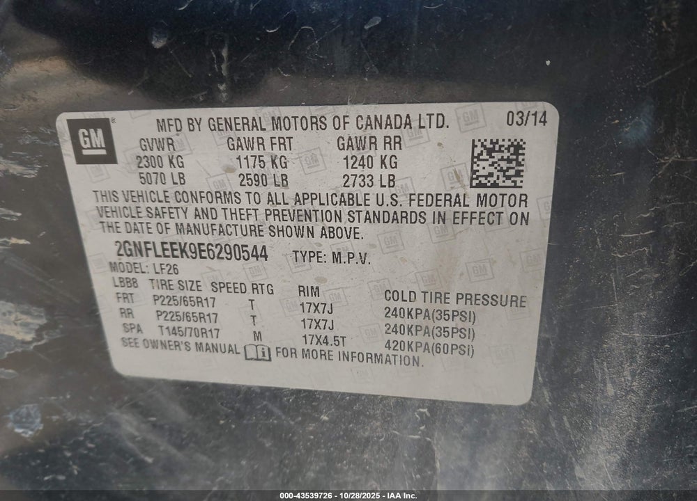 2014 CHEVROLET EQUINOX VIN: 2GNFLEEK9E6290544