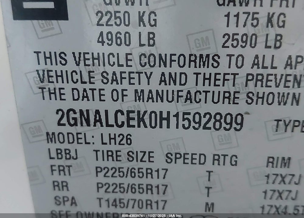 2017 CHEVROLET EQUINOX LT VIN: 2GNALCEK0H1592899