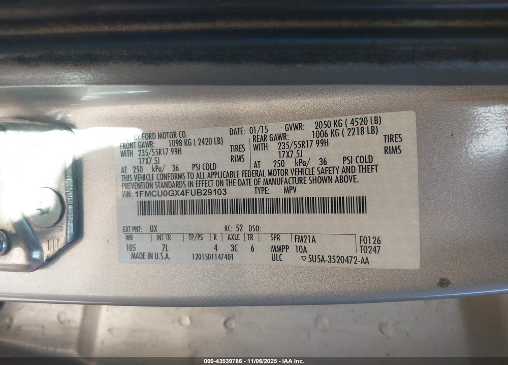 2015 FORD ESCAPE SE VIN: 1FMCU0GX4FUB29103