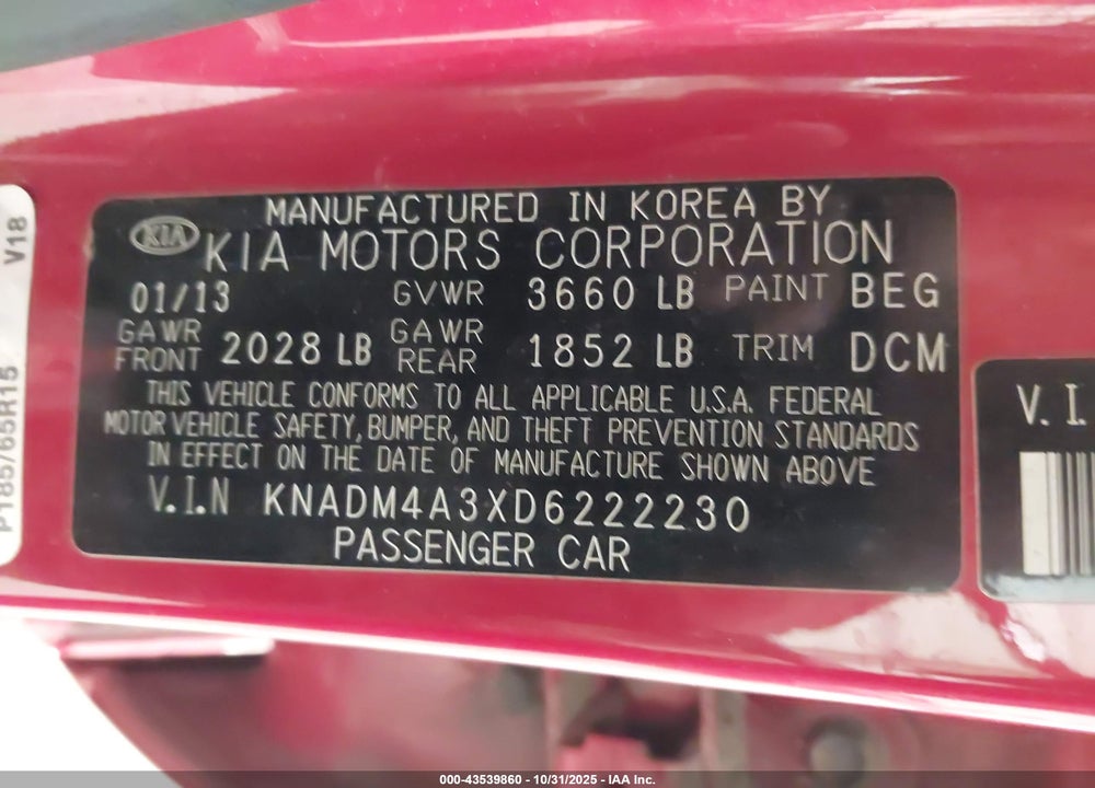 2013 KIA RIO VIN: KNADM4A3XD6222230