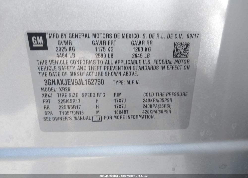 2018 CHEVROLET EQUINOX LT VIN: 3GNAXJEV9JL162750