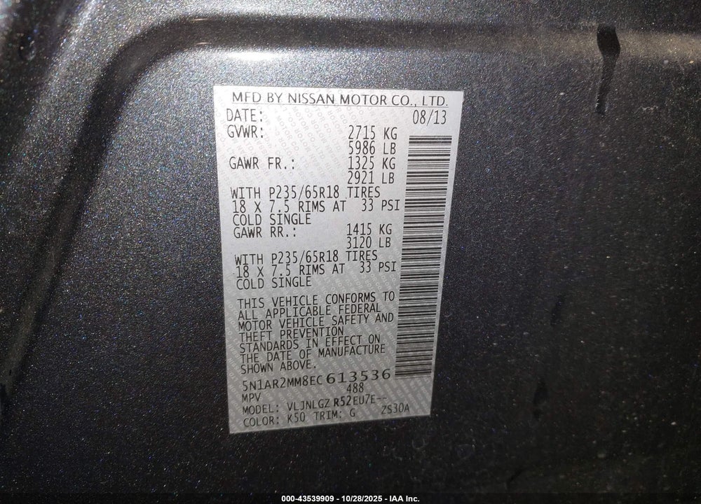 2014 NISSAN PATHFINDER SL VIN: 5N1AR2MM8EC613536