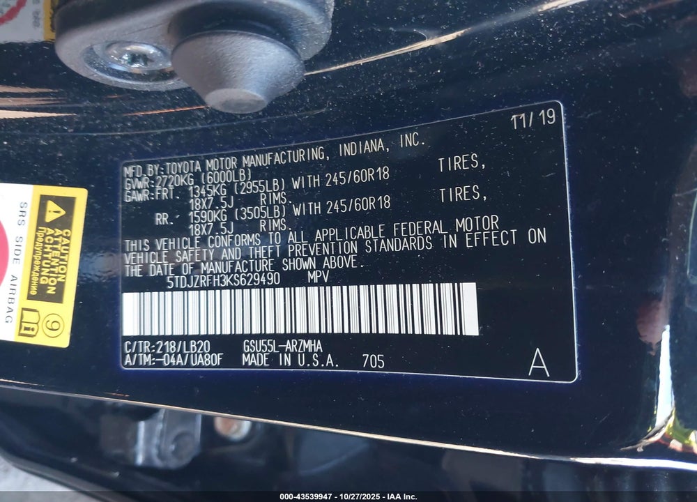 2019 TOYOTA HIGHLANDER XLE VIN: 5TDJZRFH3KS629490