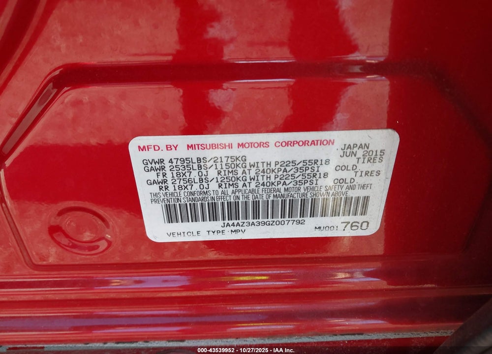 2016 MITSUBISHI OUTLANDER VIN: JA4AZ3A39GZ007792