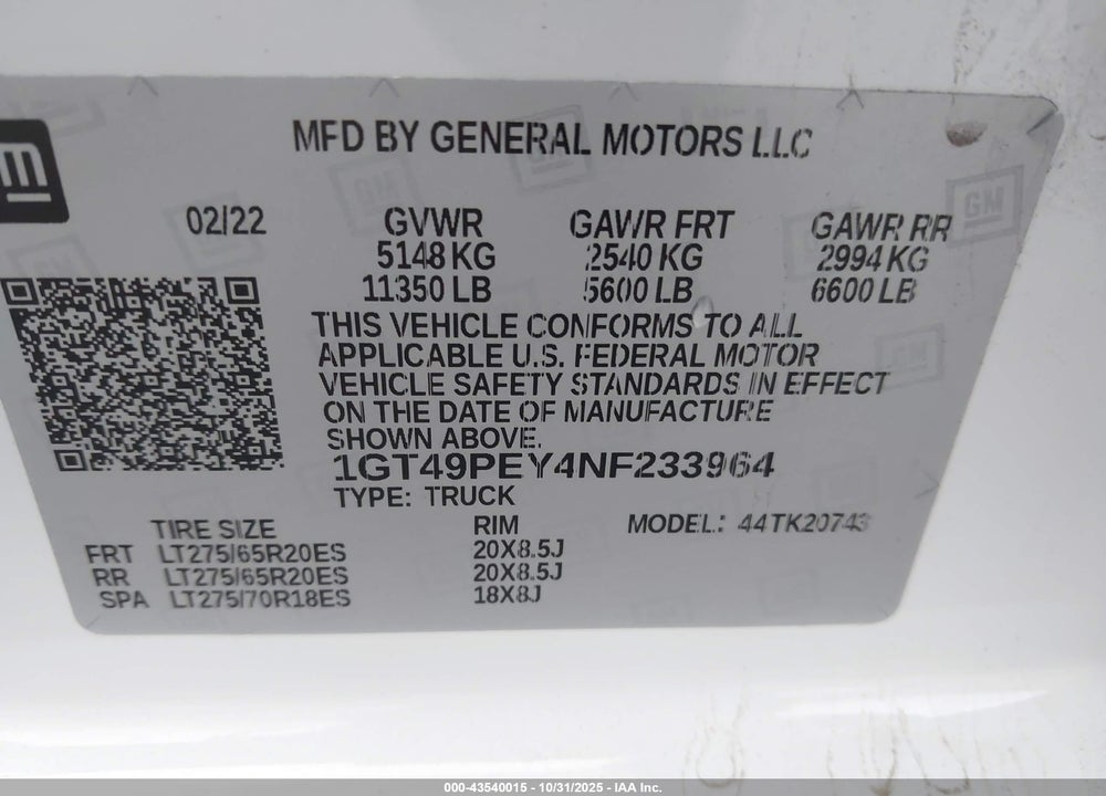 2022 GMC SIERRA 2500HD 4WD STANDARD BED AT4 VIN: 1GT49PEY4NF233964