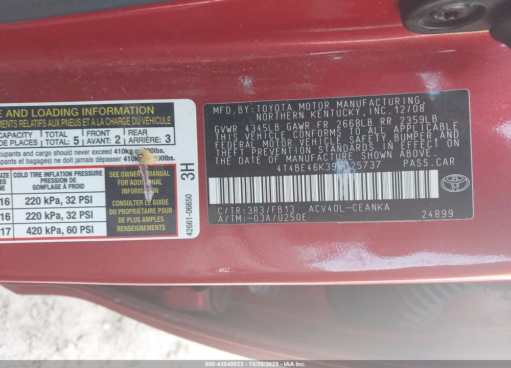 2009 TOYOTA CAMRY VIN: 4T4BE46K39R125737