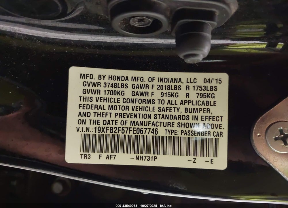 2015 HONDA CIVIC LX VIN: 19XFB2F57FE067746