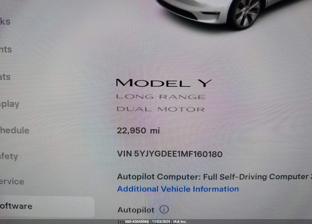2021 TESLA MODEL Y VIN: 5YJYGDEE1MF160180