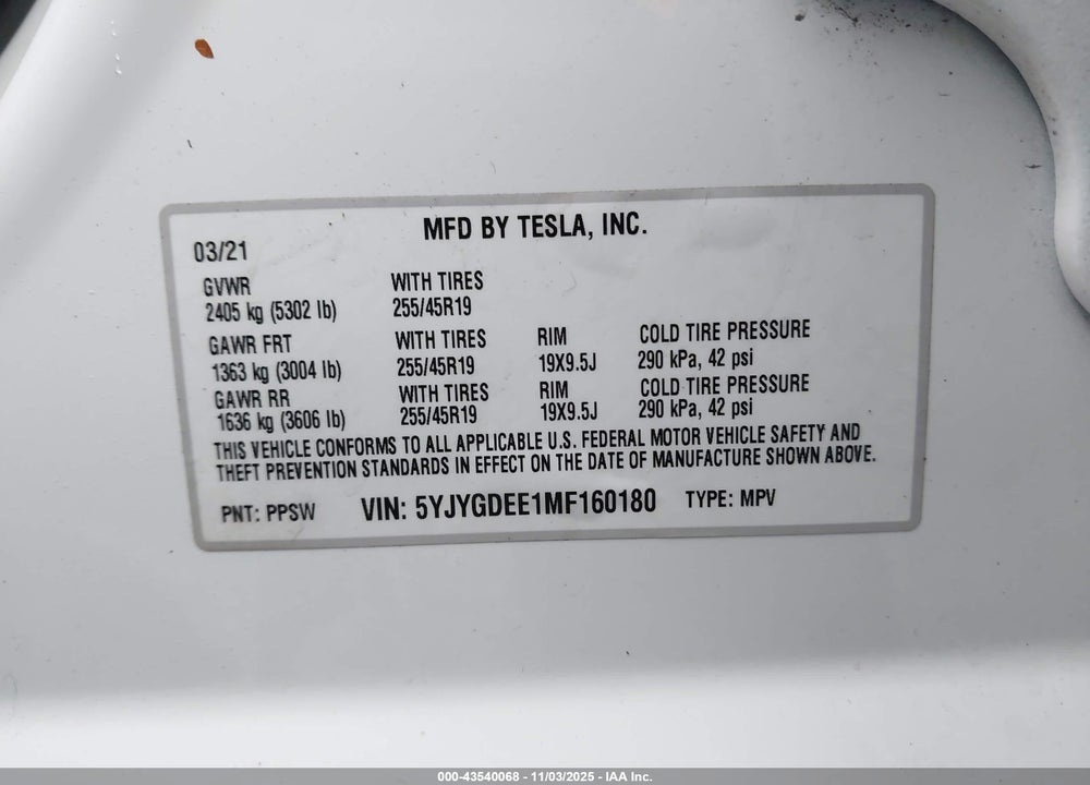 2021 TESLA MODEL Y VIN: 5YJYGDEE1MF160180
