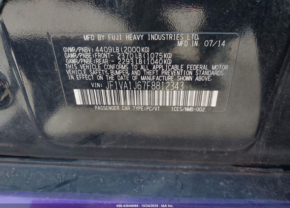 2015 SUBARU WRX VIN: JF1VA1J67F8812343