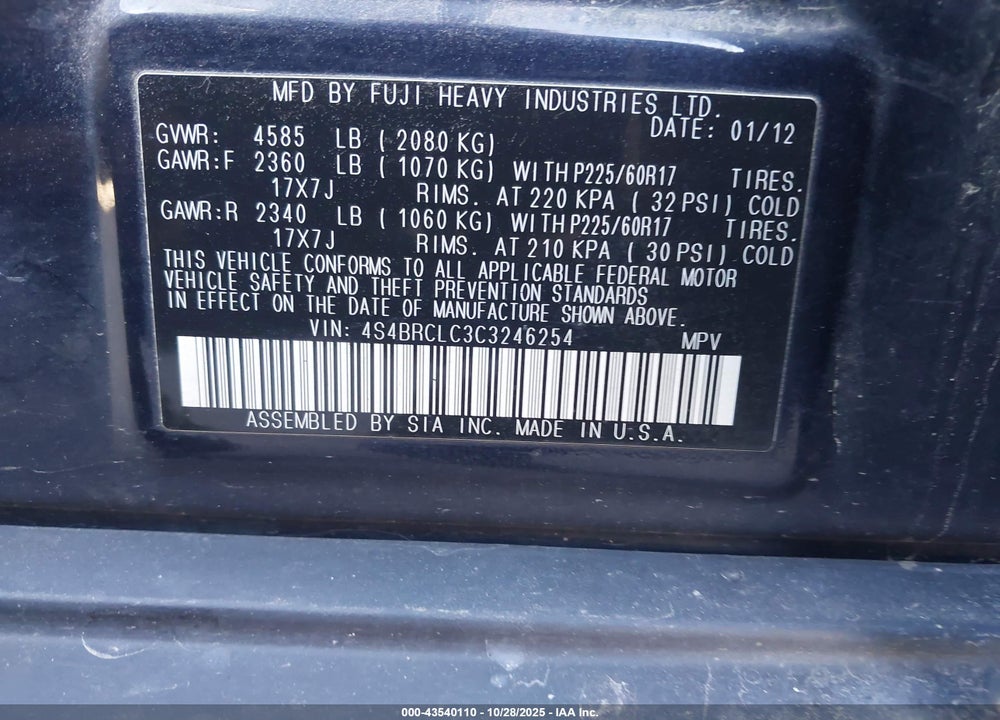2012 SUBARU OUTBACK 2.5I LIMITED VIN: 4S4BRCLC3C3246254