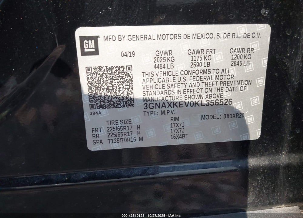 2019 CHEVROLET EQUINOX VIN: 3GNAXKEV0KL356526