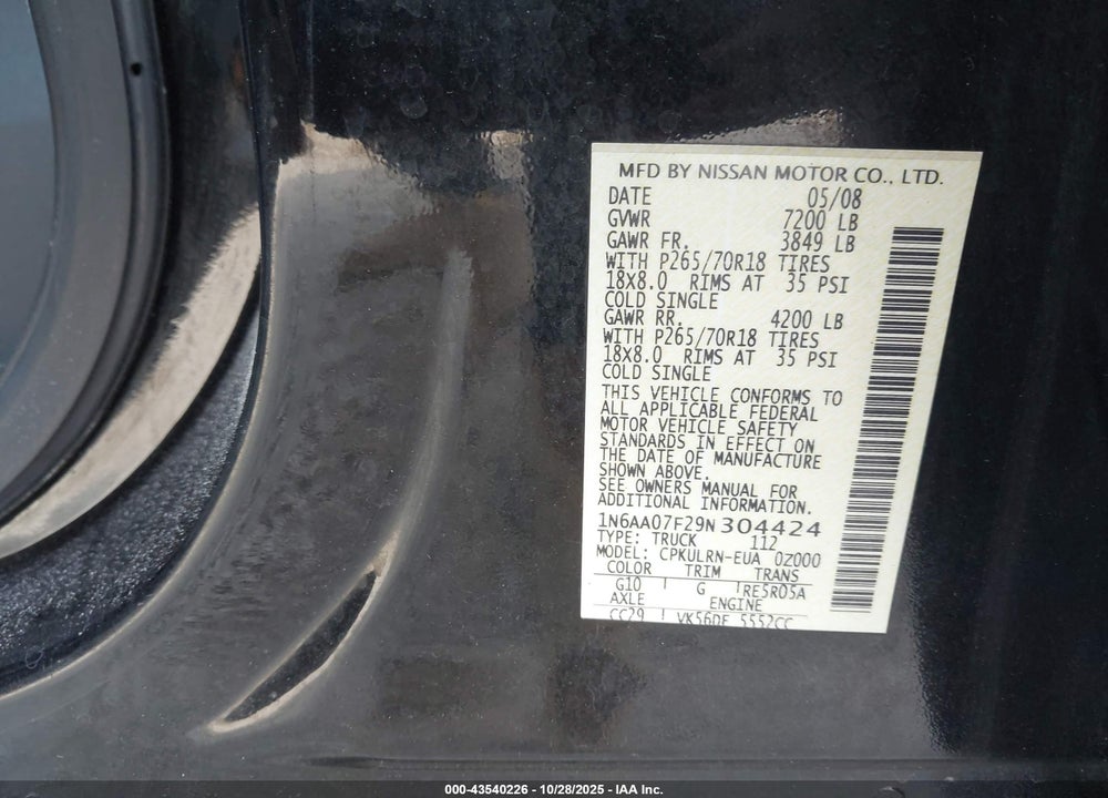 2009 NISSAN TITAN VIN: 1N6AA07F29N304424