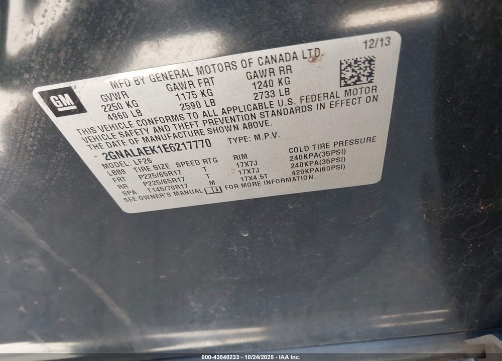 2014 CHEVROLET EQUINOX VIN: 2GNALAEK1E6217770