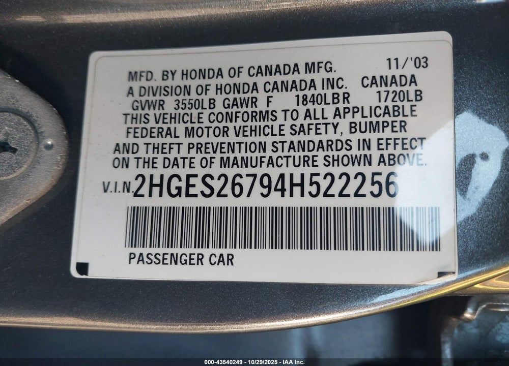 2004 HONDA CIVIC EX VIN: 2HGES26794H522256