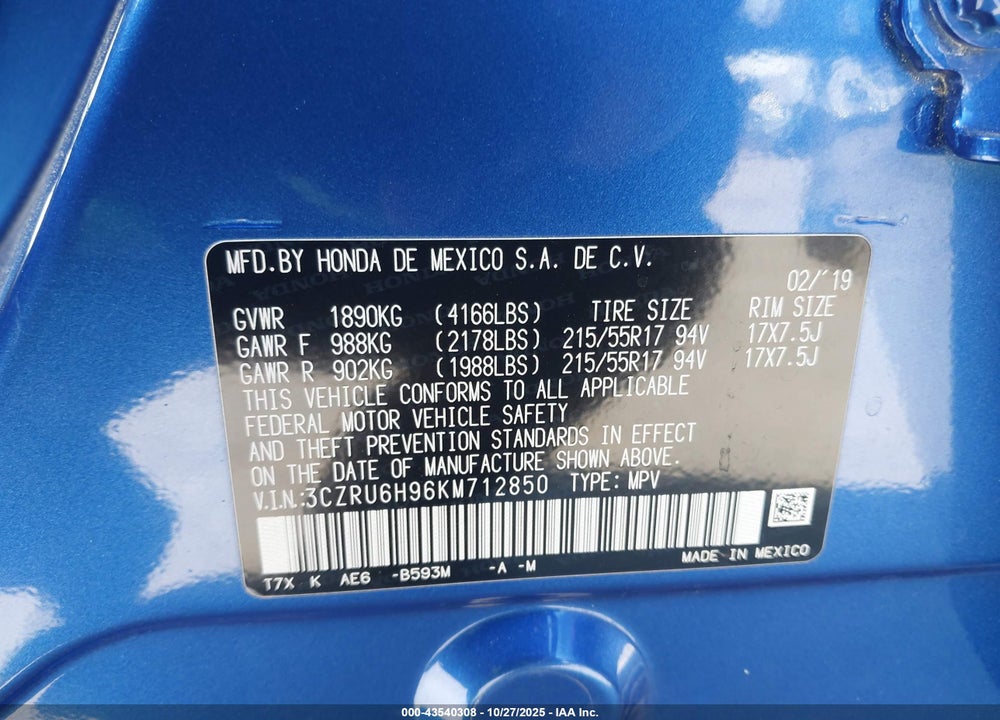 2019 HONDA HR-V TOURING VIN: 3CZRU6H96KM712850