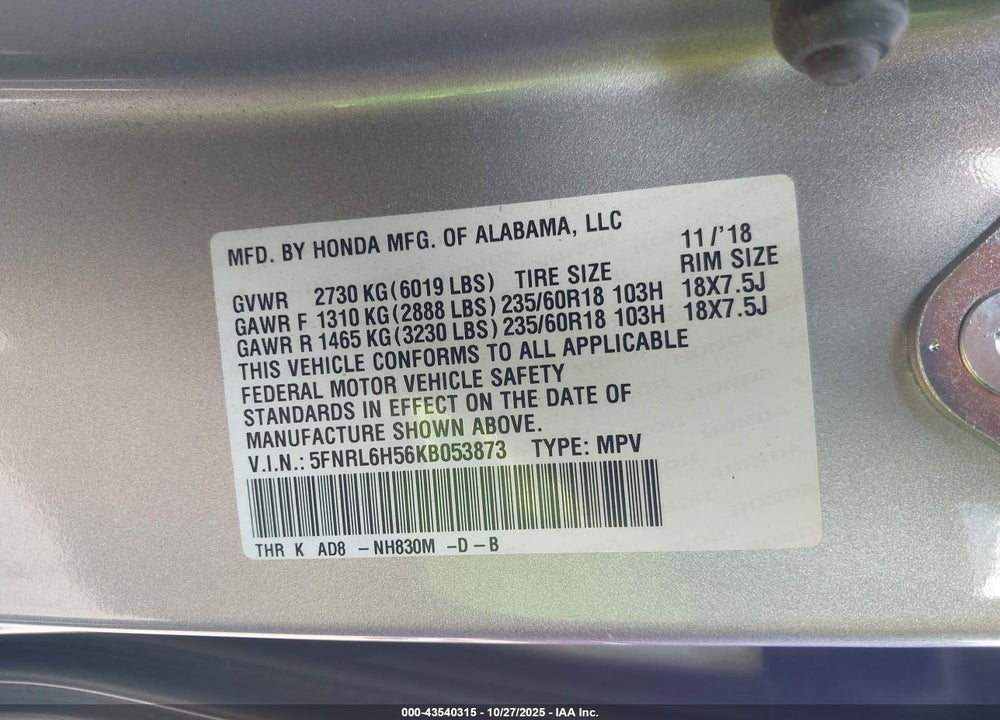 2019 HONDA ODYSSEY EX VIN: 5FNRL6H56KB053873