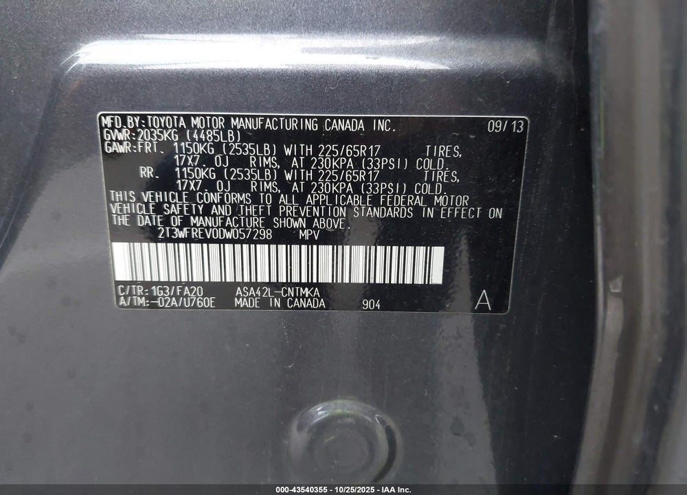 2013 TOYOTA RAV4 XLE VIN: 2T3WFREV0DW057298