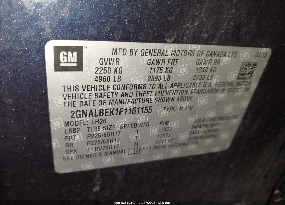 2015 CHEVROLET EQUINOX 1LT VIN: 2GNALBEK1F1161155