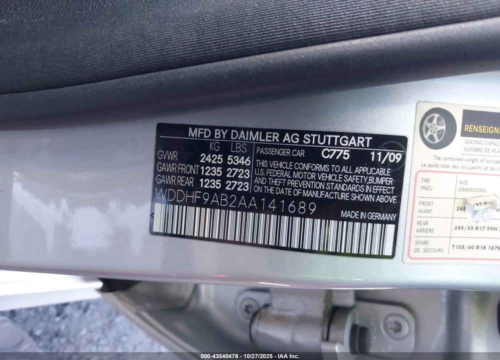 2010 MERCEDES-BENZ E 550 4MATIC VIN: WDDHF9AB2AA141689