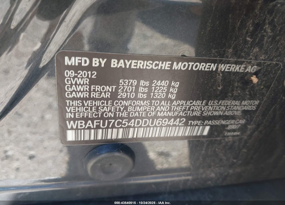 2013 BMW 5 SERIES VIN: WBAFU7C54DDU69442