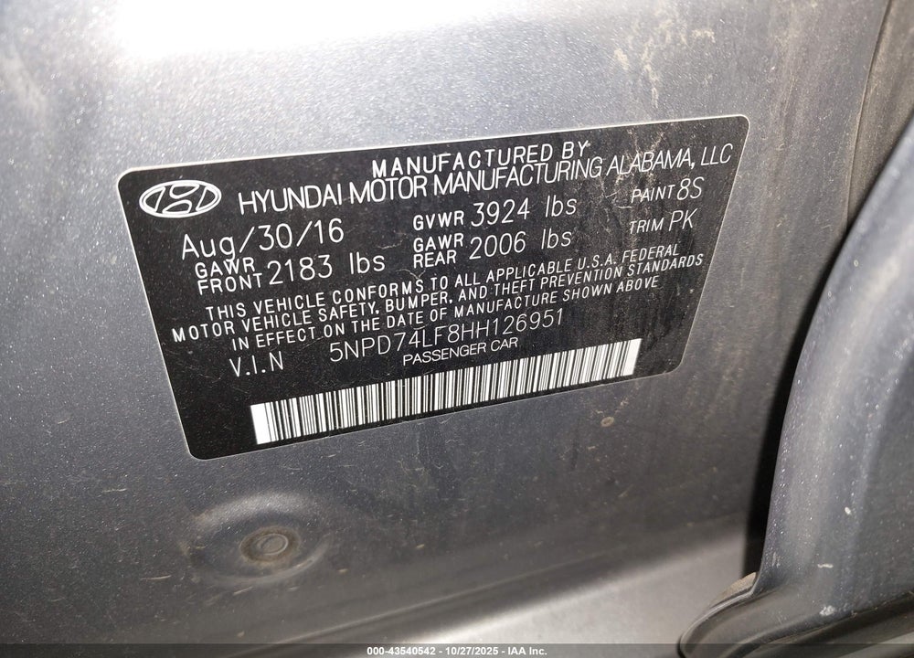 2017 HYUNDAI ELANTRA SE VIN: 5NPD74LF8HH126951