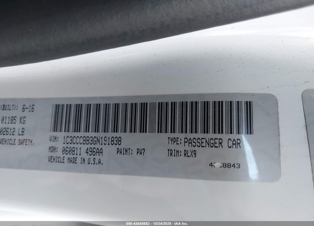 2016 CHRYSLER 200 VIN: 1C3CCCBB3GN191838