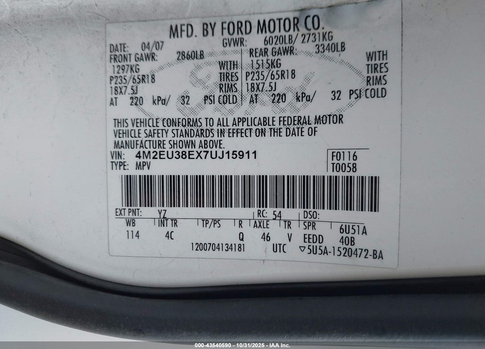 2007 MERCURY MOUNTAINEER VIN: 4M2EU38EX7UJ15911