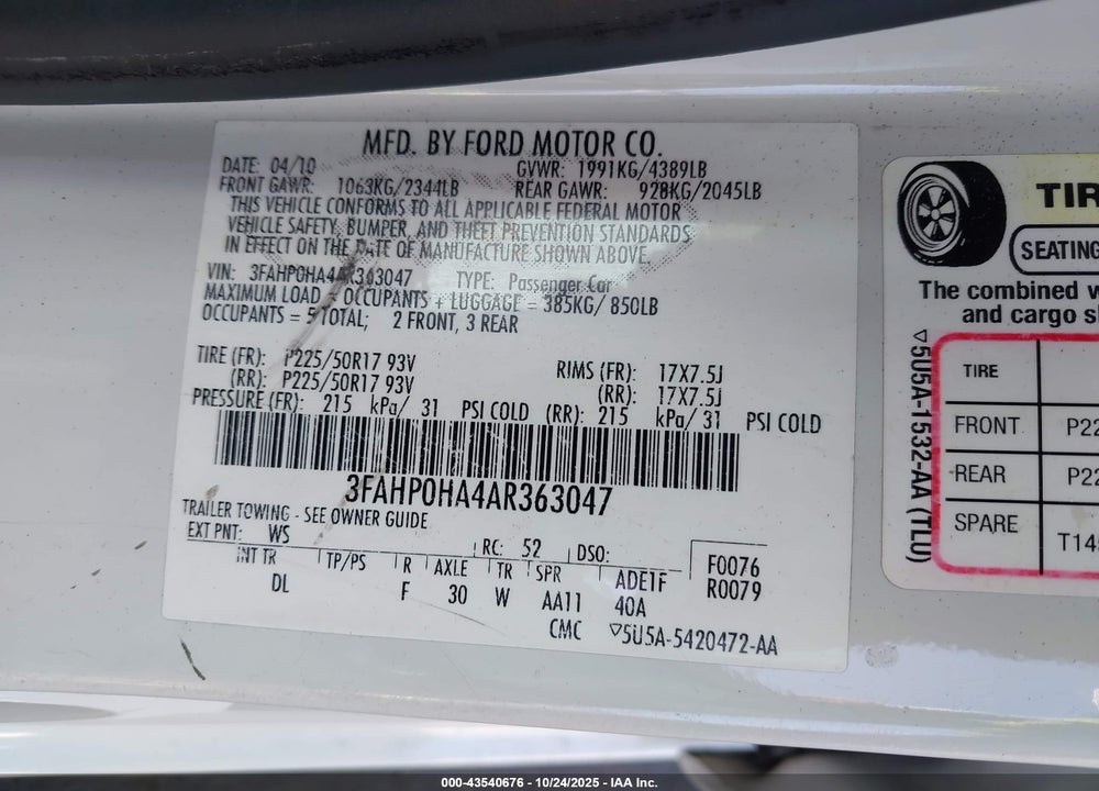 2010 FORD FUSION SE VIN: 3FAHP0HA4AR363047