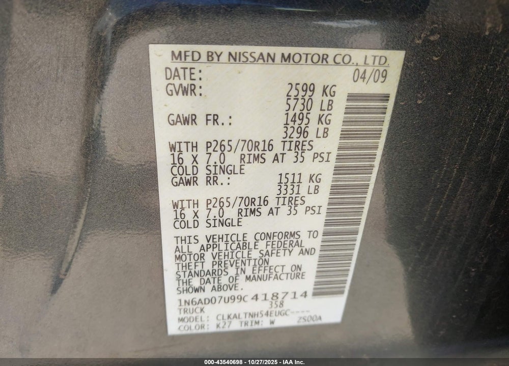 2009 NISSAN FRONTIER SE VIN: 1N6AD07U99C418714