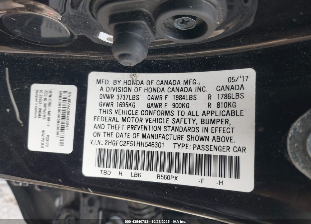2017 HONDA CIVIC LX VIN: 2HGFC2F51HH546301