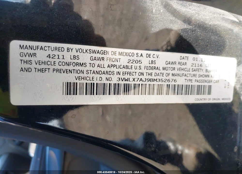 2011 VOLKSWAGEN JETTA VIN: 3VWLX7AJ9BM352676