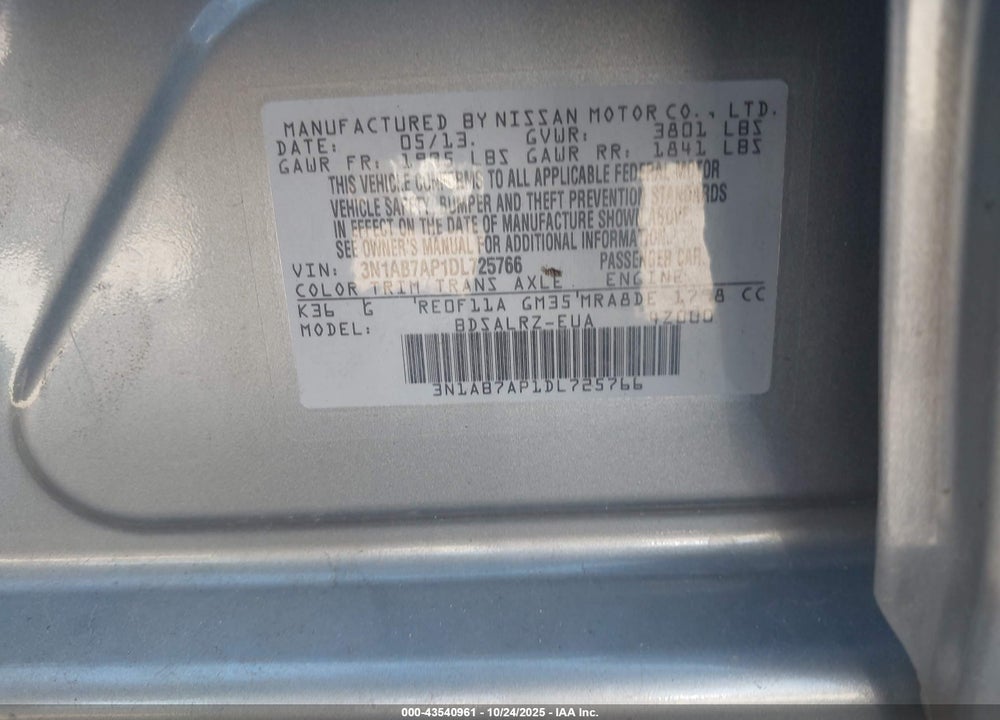 2013 NISSAN SENTRA SR VIN: 3N1AB7AP1DL725766