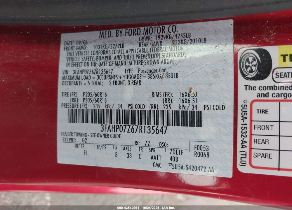 2007 FORD FUSION VIN: 3FAHP07Z67R135647