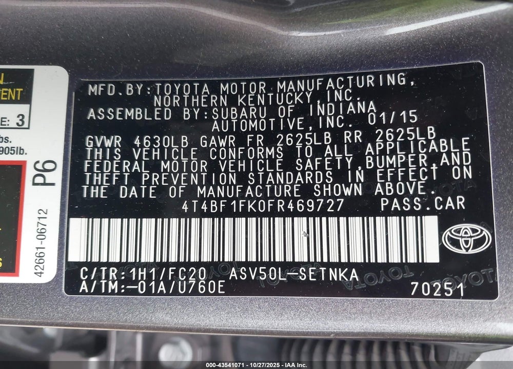 2015 TOYOTA CAMRY LE VIN: 4T4BF1FK0FR469727