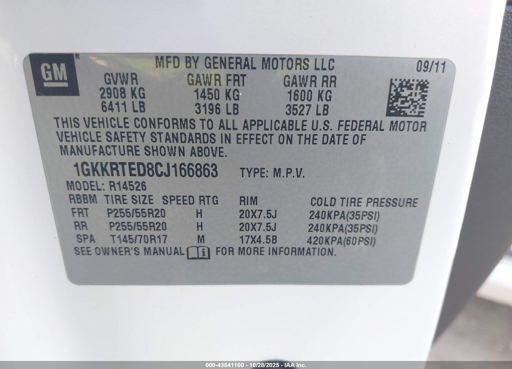 2012 GMC ACADIA VIN: 1GKKRTED8CJ166863
