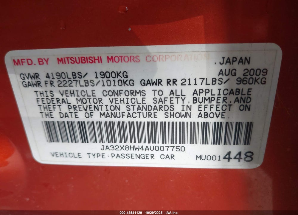 2010 MITSUBISHI LANCER SPORTBACK GTS VIN: JA32X8HW4AU007750