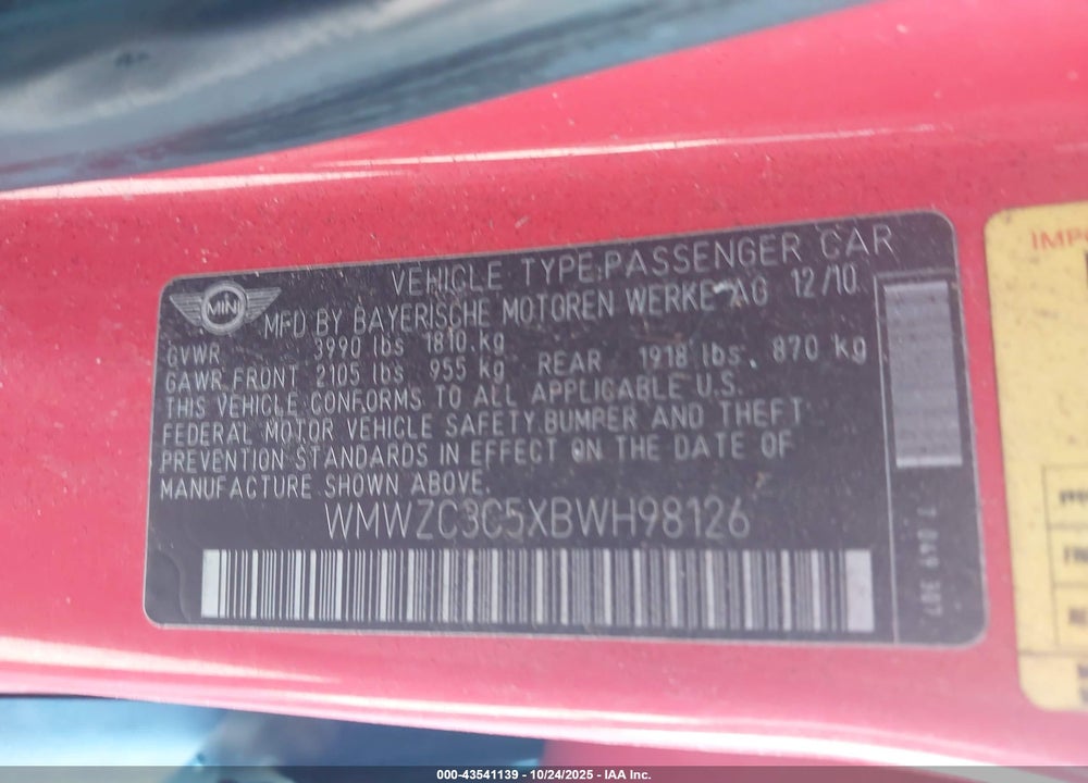 2011 MINI COOPER VIN: WMWZC3C5XBWH98126