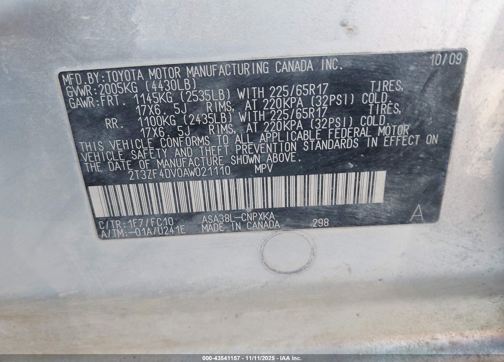 2010 TOYOTA RAV4 VIN: 2T3ZF4DV0AW021110