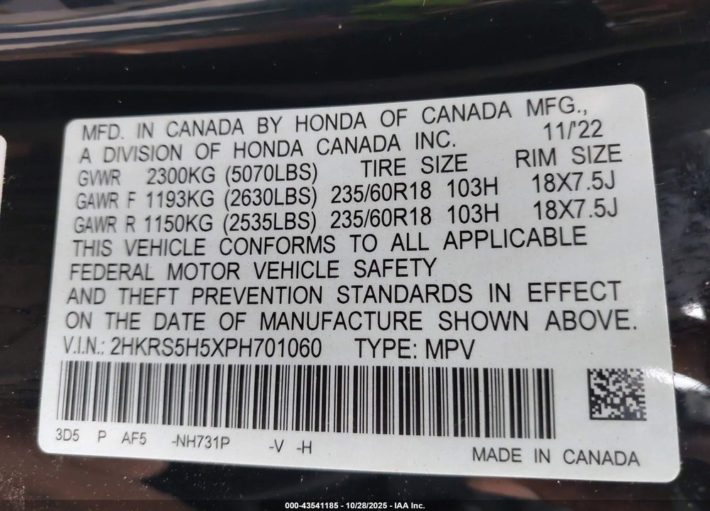 2023 HONDA CR-V HYBRID SPORT VIN: 2HKRS5H5XPH701060