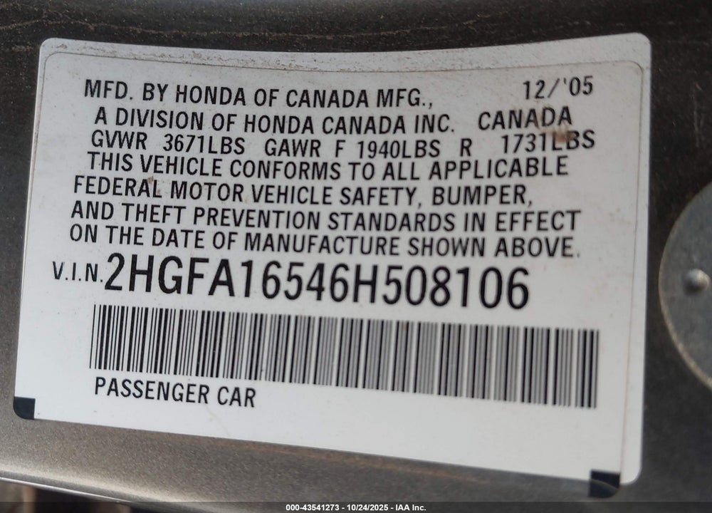 2006 HONDA CIVIC VIN: 2HGFA16546H508106
