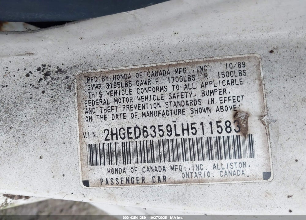 1990 HONDA CIVIC DX VIN: 2HGED6359LH511583