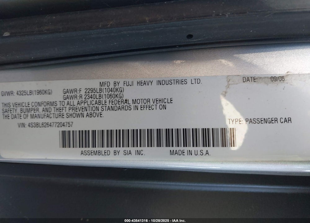 2007 SUBARU LEGACY 2.5I LIMITED VIN: 4S3BL626477204757