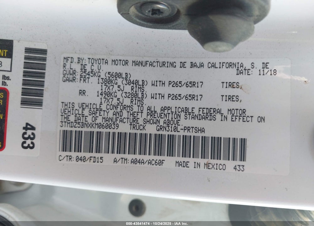 2019 TOYOTA TACOMA VIN: 3TMDZ5BNXKM060039