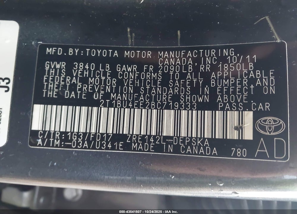 2011 TOYOTA COROLLA S VIN: 2T1BU4EE2BC719333