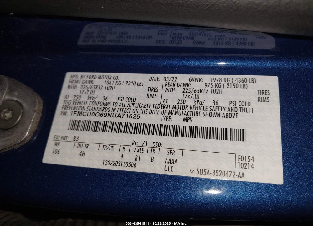 2022 FORD ESCAPE SE VIN: 1FMCU0G69NUA71625