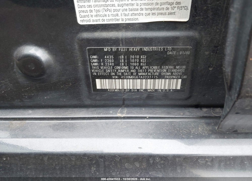 2010 SUBARU LEGACY VIN: 4S3BMBG67A3232775