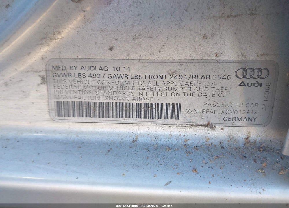 2012 AUDI A4 2.0T PREMIUM VIN: WAUBFAFLXCN012918