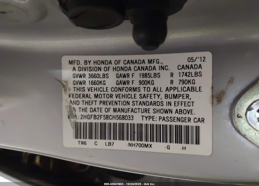 2012 HONDA CIVIC VIN: 2HGFB2F58CH568033