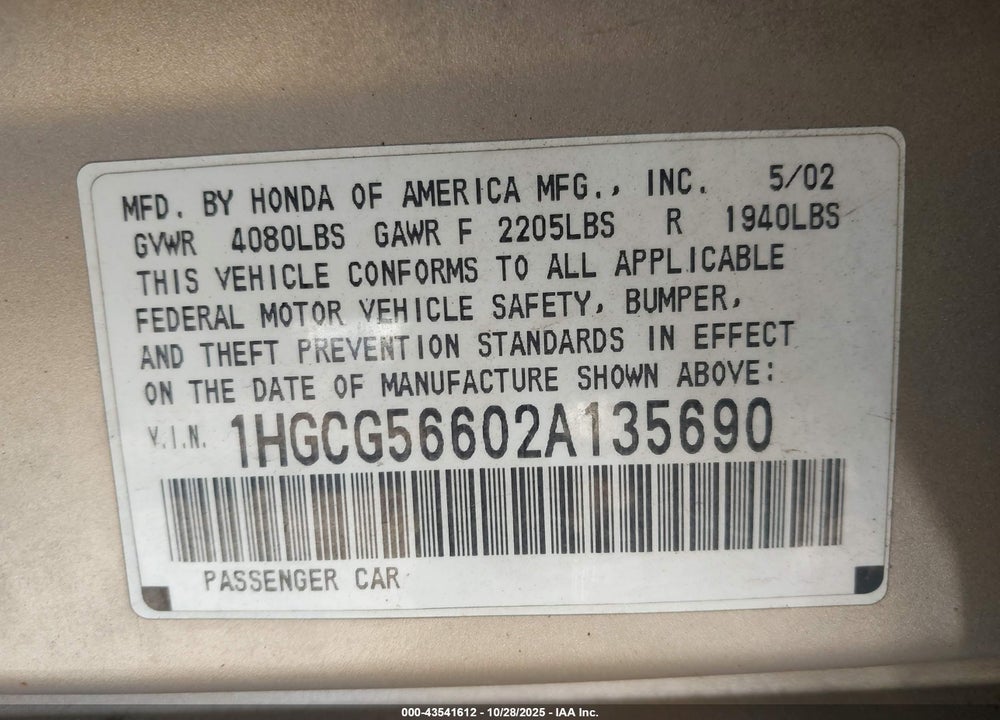 2002 HONDA ACCORD 2.3 EX VIN: 1HGCG56602A135690